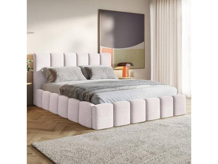 MOTIVENA Nunu Bubble Bett 160x200 Rosa Boucle, mit Stauraum, mit Kopfteil, mit Lattenrost, ohne Füße, ohne Matratze, Bubble Polsterbett 160x200 mit Bettkasten Rosa