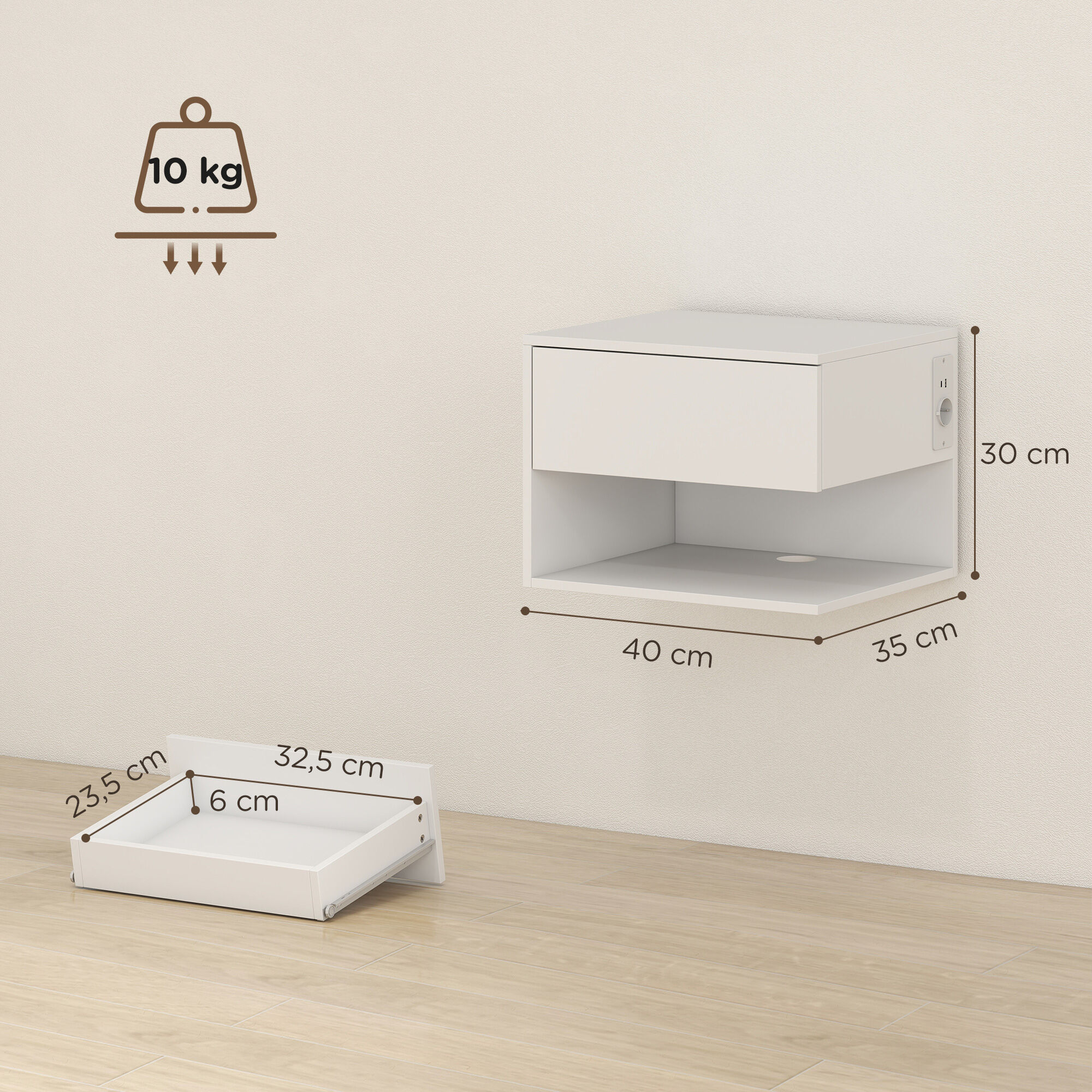 Altro Set Di 2 Comodini Sospesi A Parete Con Prese Di Corrente, Bianco