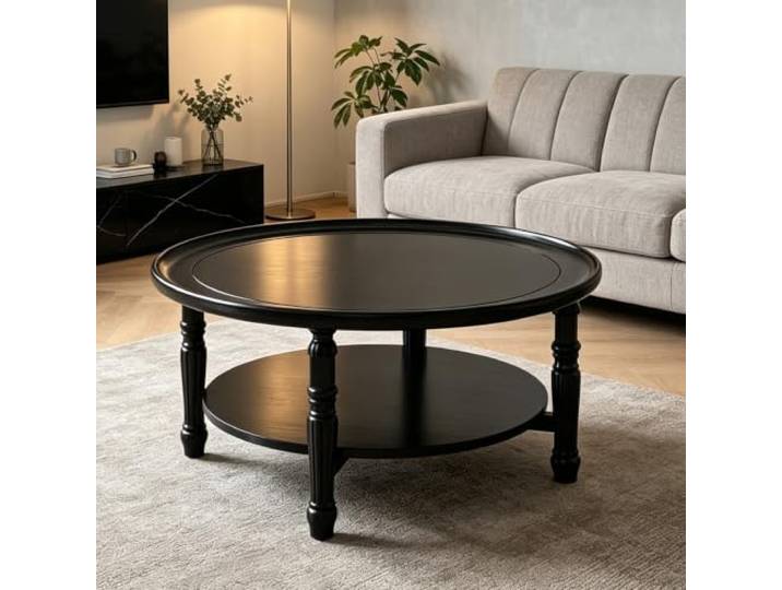 EBOYNSowAprr Französischer Vintage Couchtisch aus Massivholz Runder Aufbewahrungstisch im Mid-Century Modern Stil mit geschlossenem Schrank(Black,31.5x17.7 -A)