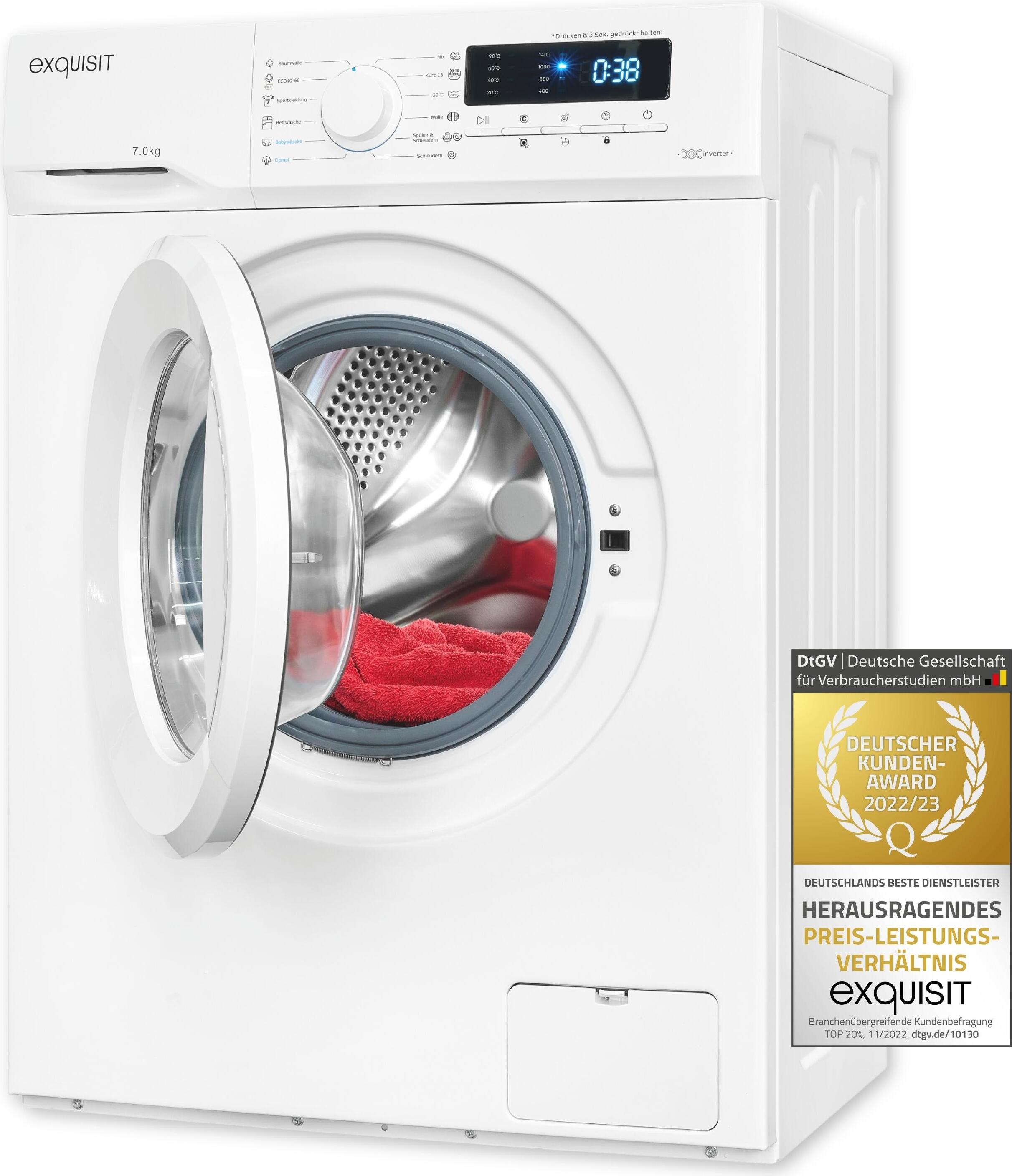 Exquisit Waschmaschine WA7014-020A weiss | 7 kg Fassungsvermögen | Energieeffizienzklasse A | 12 Waschprogramme | Kindersicherung | Startzeitvorwahl