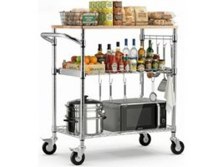 VEVOR Küchenwagen mit 3 Ebenen, Schwerlast-Servierwagen bis 300 kg, Rollwagen mit Höhenverstellbaren Drahtablagen, Griff & Arbeitsplatte, Metallregal auf Rollen für Küche, Garage, 762 x 457 x 914 mm