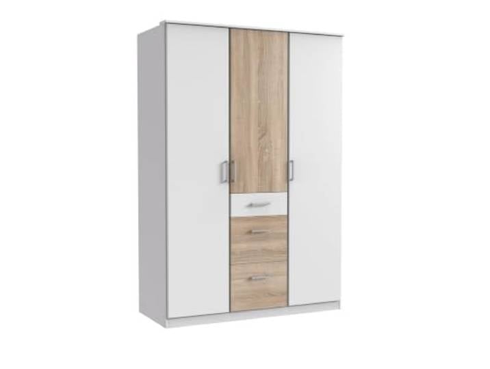 Kleiderschrank Click, Weiß mit Eiche Sägerau, 135 cm Breite 3türig