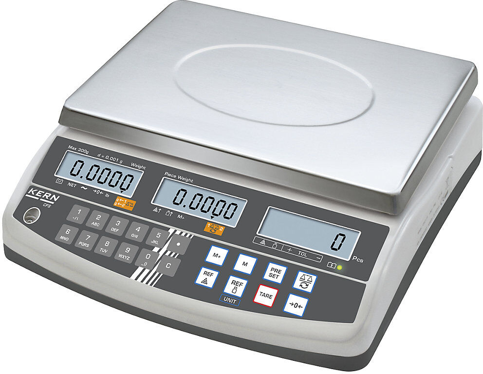 Zählwaage, hohe Auflösung, Wägebereich bis 30 kg, Ablesbarkeit 0,5 g, Wägeplatte 295 x 225 mm KERN