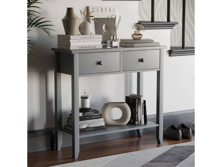 Table console - Windsor - 2 tiroirs - étagère pratique - Gris