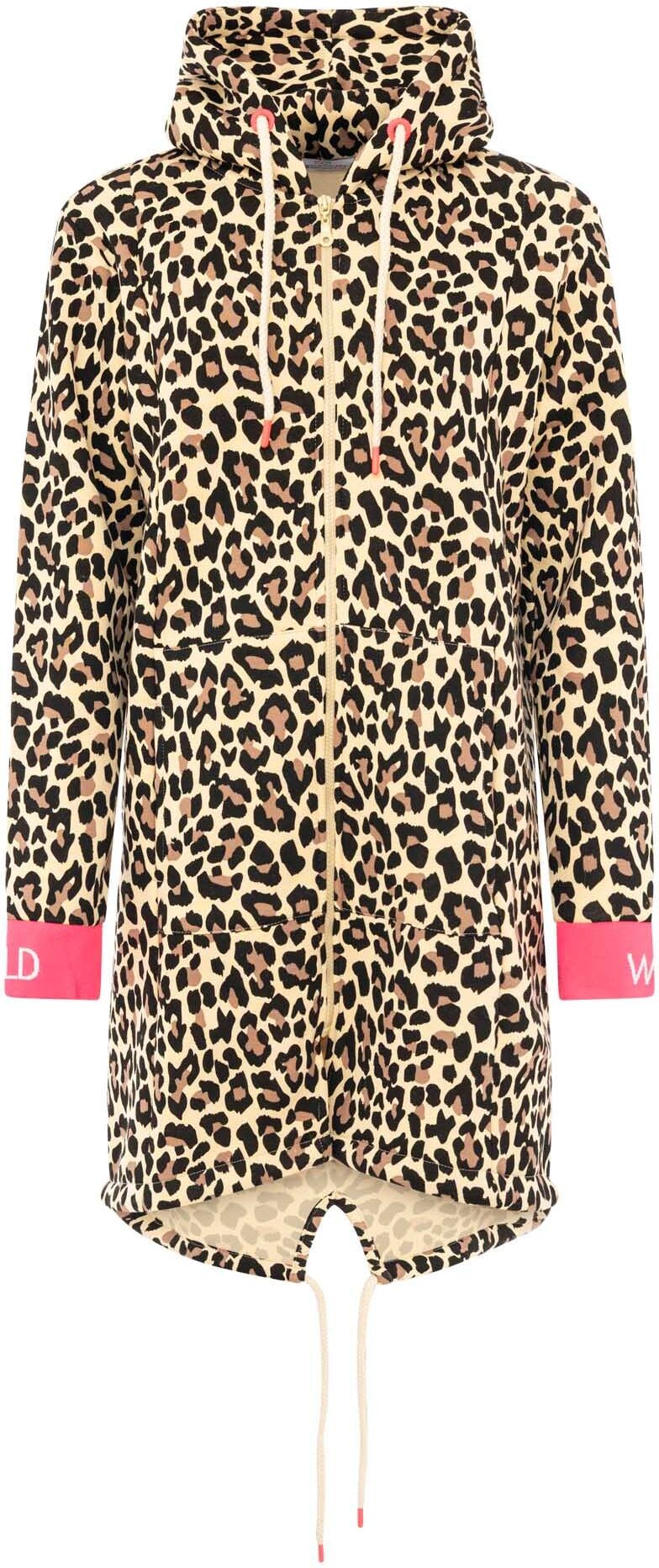 Kurzmantel ZWILLINGSHERZ "WILD WILD", Damen, Gr. S/M, braun (beige), Sweatware, Obermaterial: 50% Baumwolle, 50% Polyester, Mäntel Kurzmantel, Leomuster, Kapuze mit Kordel, Bündchen mit WILD Print, Zipper beige S/M