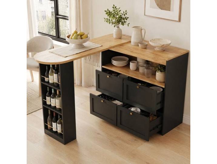 Buffet haut noir en MDF avec tablette latérale pivotante 360° 4 tiroirs et étagères ouvertes 138 x 39 x 104 cm