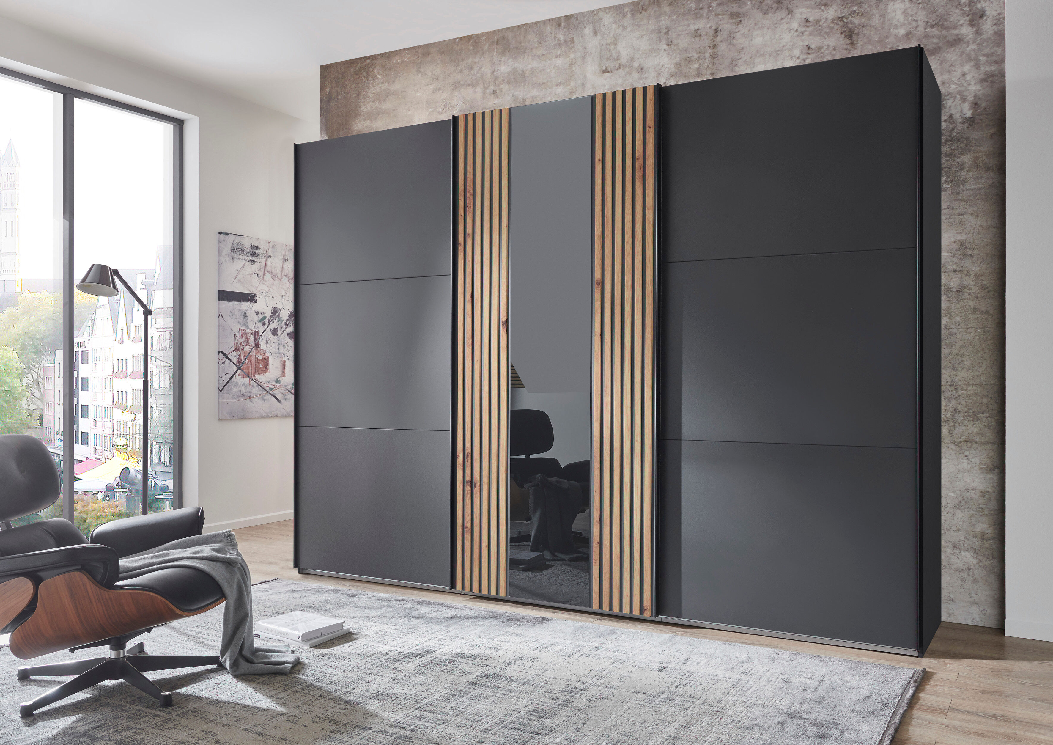 Schwebetürenschrank WIMEX "Atlanta by fresh to go", schwarz (graphit, glas grau, akustikpaneel optik artisan eiche nachbildung), B:300cm H:216cm T:65cm, Holzwerkstoff, Schränke, Schwebetürenschrank, mit Akustikpaneel Optik (3D Leisten), Lamelle graphit, g