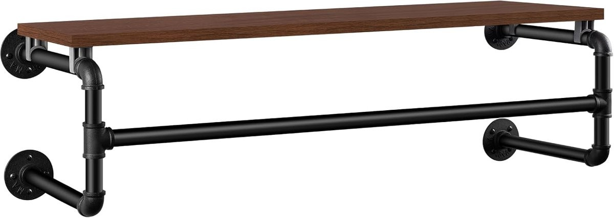Industriële wandkapstok met plank voor kleding en accessoires in zwart en bruin