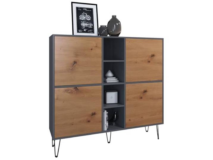 Vladon Highboard Havana V3, Kommode mit 4 Türen und 4 offene Fächer, Kommode Made in Germany, Anthrazit matt/Eiche Evoke (130,5 x 124 x 35 cm)