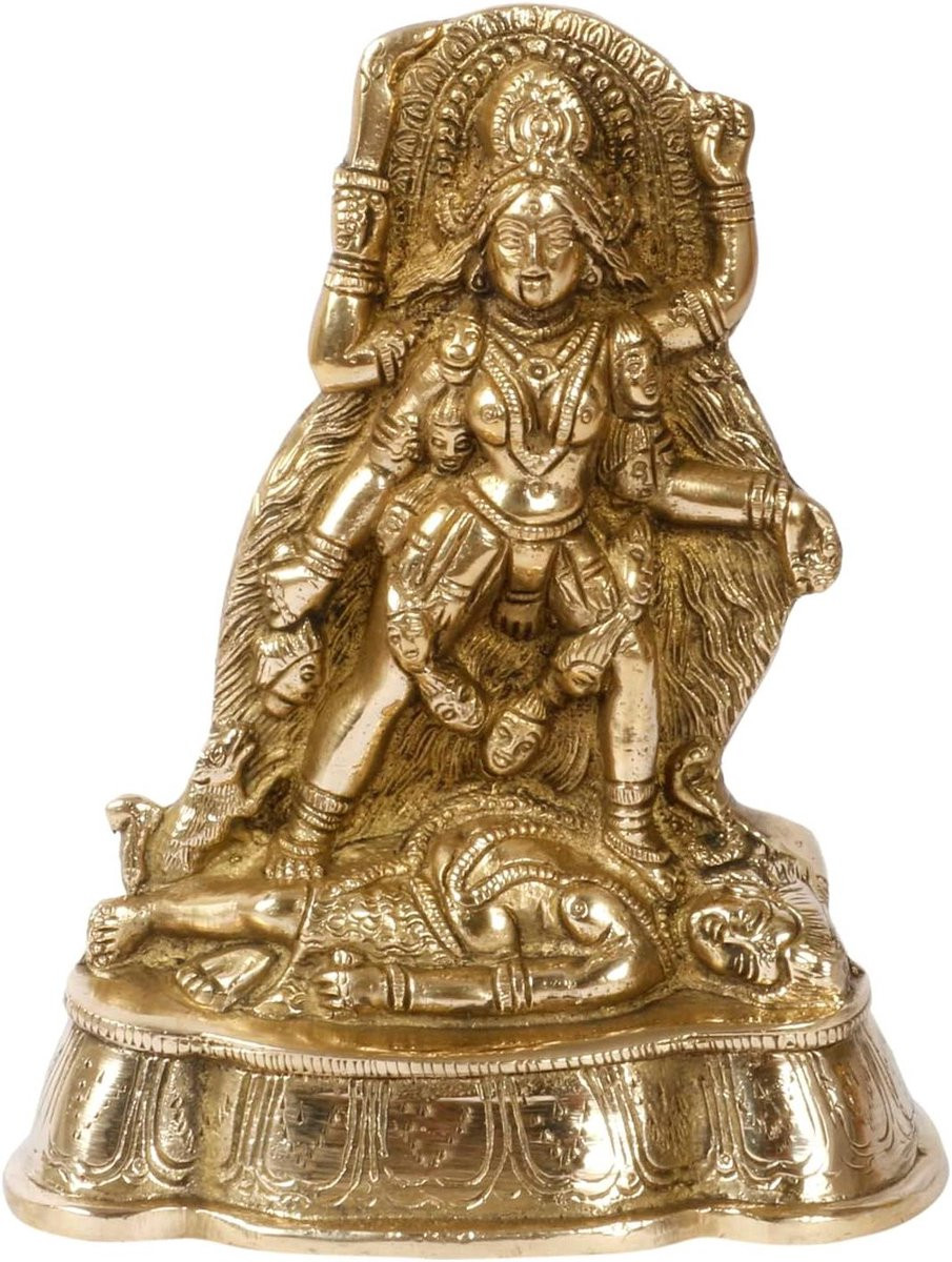 Handgemaakt Messing Godin Kali Sculptuur Maa Idol Murti - Goudkleurig - Hoogte: 17,78 cm