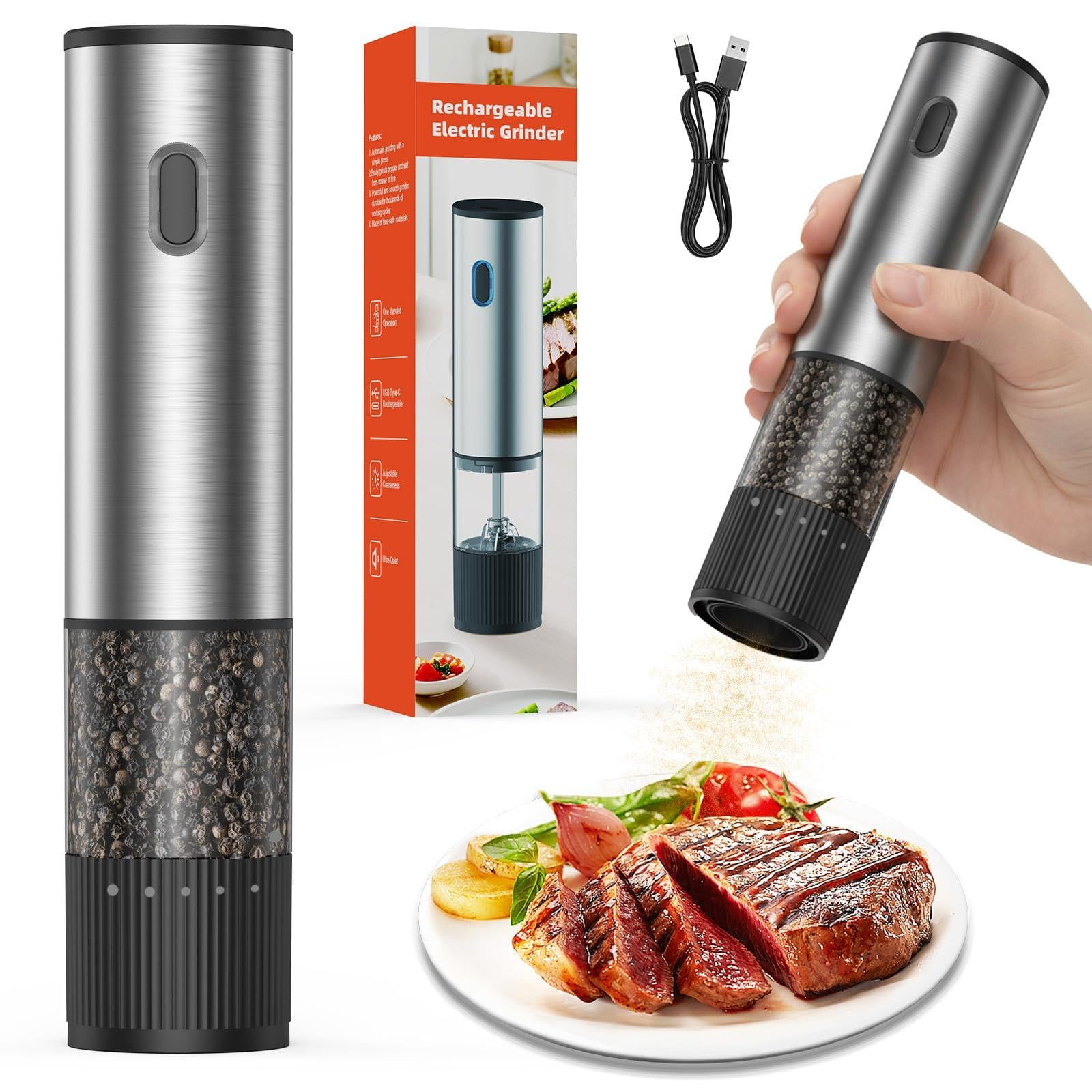 Dripio Elektrische peper- en zoutmolen, oplaadbaar, 60 ml, zilver-zwart