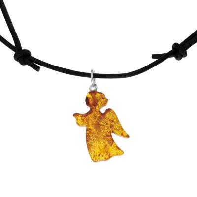 Kette mit Anhänger OSTSEE-SCHMUCK "Ostsee-Schmuck Kette mit Anhänger Engel - Lederband", braun, Halsketten, Damen, variabel, Bernstein, L: 38 45 50 60 70