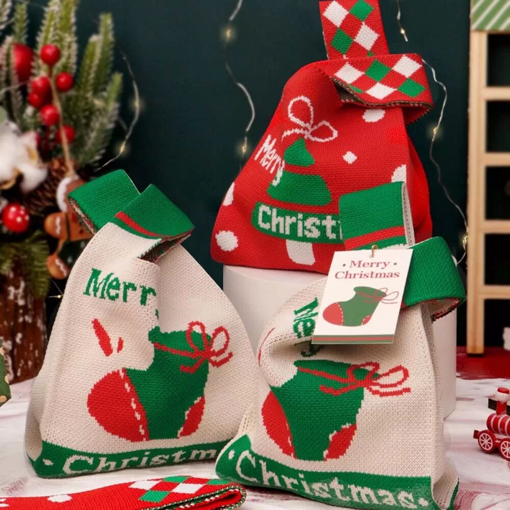 INF Weihnachtsapfel-Tasche gestrickter Geschenkbeutel mit Ansteckkarte - Festliche Weihnachtsverpackung Grün