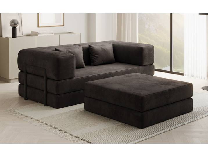 Lazy Spar-Set: 3-Sitzer + Hocker in Samt - Dunkelbraun - Samt - Luxusbetten24