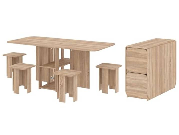Rodnik Klappbarer Esstisch Set mit 4 Hockern, Tisch von 36 auf 177 cm auklappbar, Hocker im Tisch verstaubar (Sonoma Eiche)