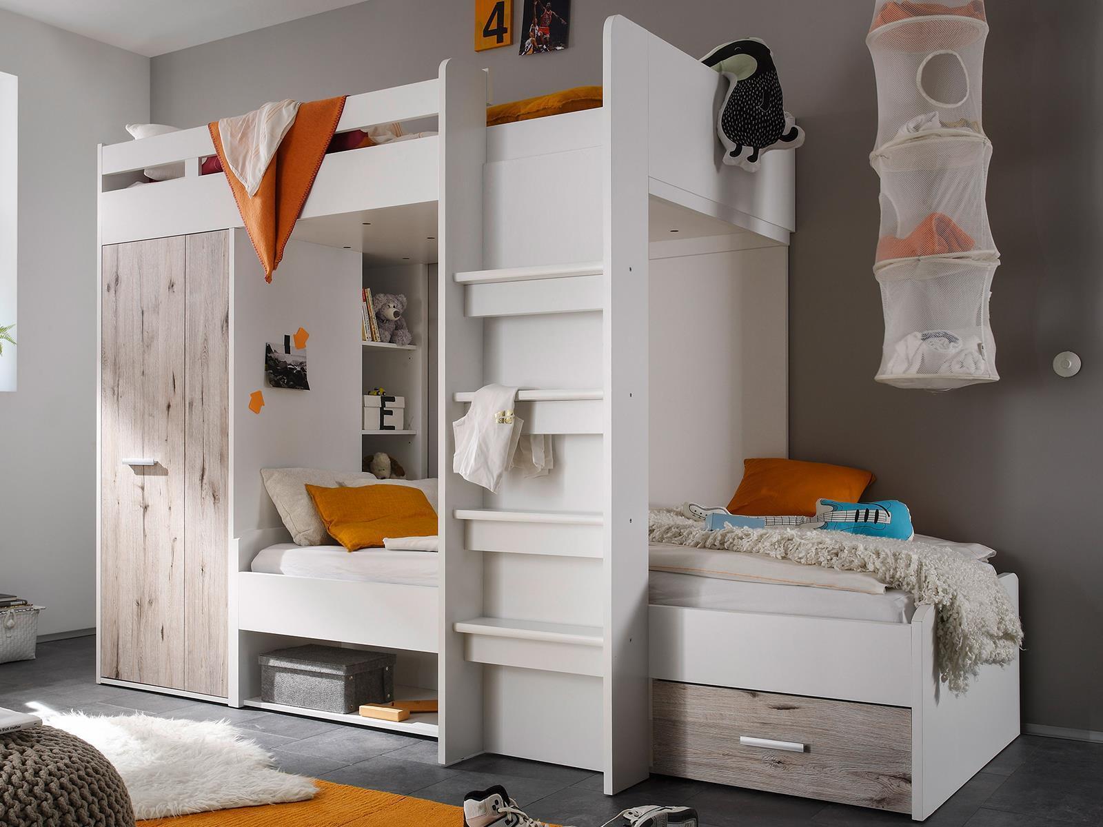 Etagenbett Kinderbett Hochbett Stockbett Funktionsbett Jugendbett Bett "Mimi I" Weiß / Sandeiche