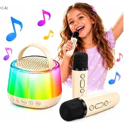 Xrec Glosnik Karaoke Bluetooth RGB-LED-Set mit 2 kabellosen Mikrofonen, 5 W, USB-C / K29 / Beige