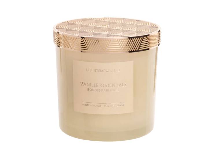 Duftkerze aus grauem Glas und goldenem Metall 350g