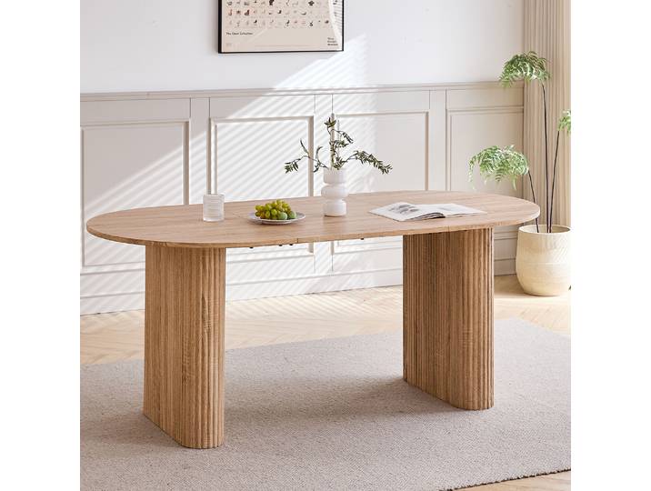 Table à manger ovale moderne EGOONM avec piétement cannelé, table de cuisine pour 6 à 8 personnes, table à dîner en bois pour salle à manger