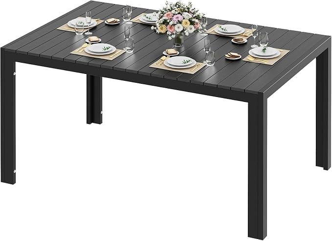 Wetterfest Gartentisch Groß, 140x90x75 cm Aluminium Terrassentisch mit WPC Tischplatte, Rechteckiger Esstisch Outdoor für 6 Personen, Stabiler Garten Terrasse o Balkon Tisch, Schwarz