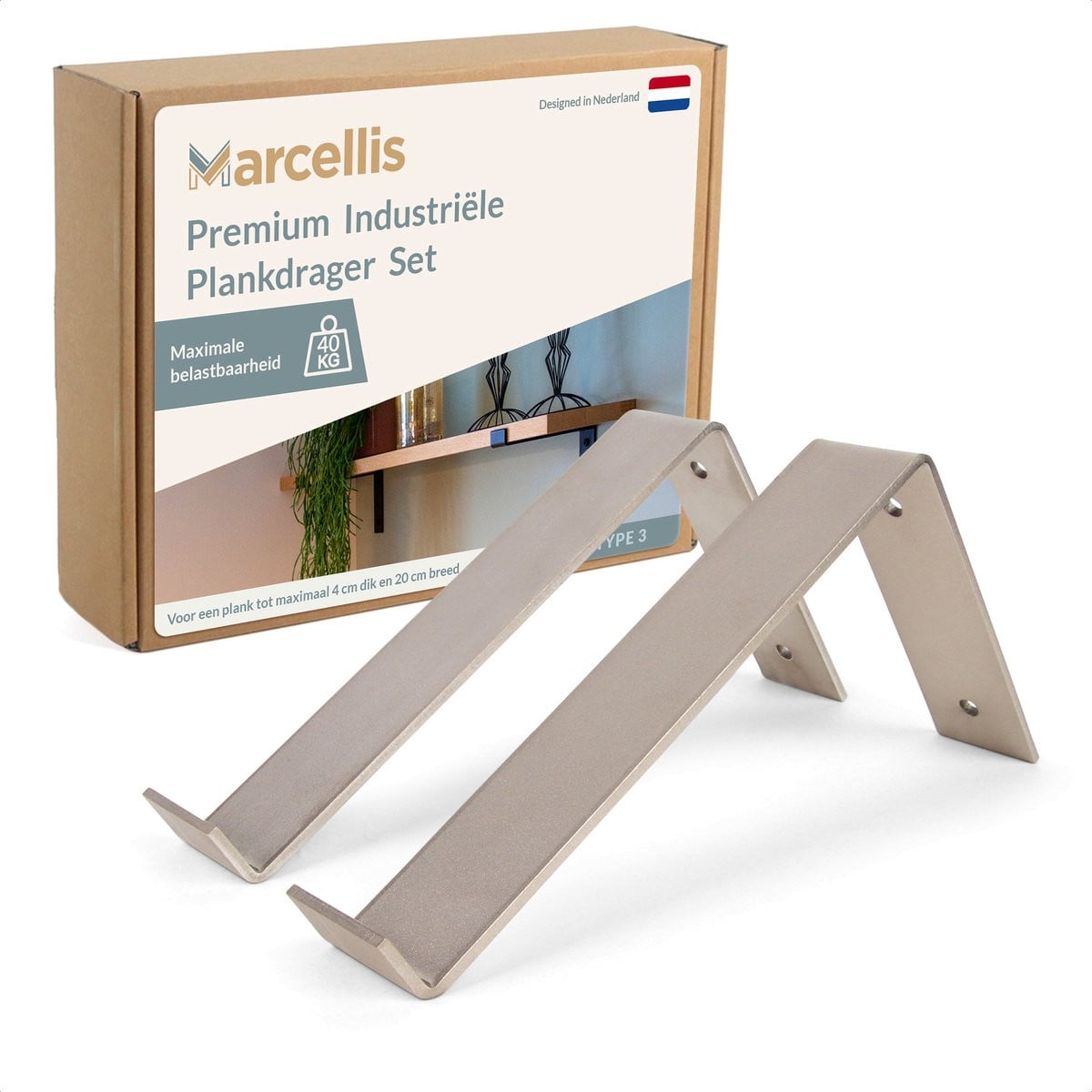 Marcellis 2x Industriële plankdrager voor plank 20cm met schroefset - Roestvrij staal - T3