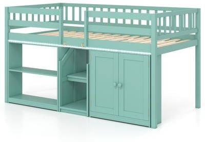Costway Twin Size Loft Bed with LED Lights and Kids Wooden Bed Frame-Green