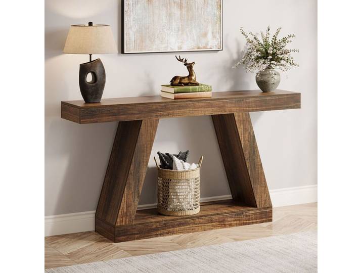 Table Console - Finmind Table D'entrée Avec Socle en Bois et Espace de Rangement 140x30x80 cm Pour Couloir Salon Entrée Marron
