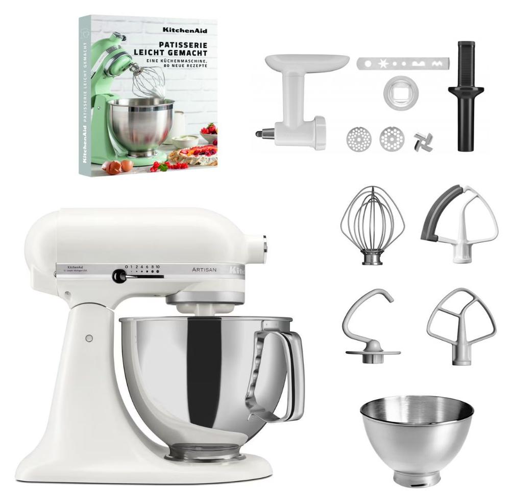 KitchenAid 4,8 L 5KSM175 Artisan Küchenmaschine Pastrylover mit Kunststofffleischwolf+Spritzgebäckvorsatz und Patisserie Buch Porcelain White