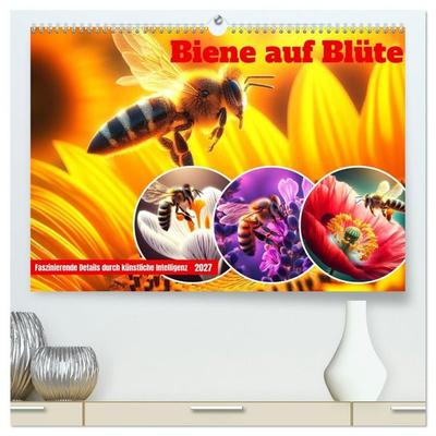 Biene auf Blüte - Faszinierende Details durch künstliche Intelligenz (hochwertiger Premium Wandkalender 2027 DIN A2 quer), Kunstdruck in Hochglanz