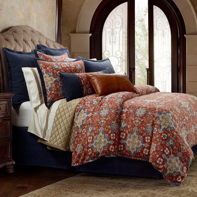HiEnd Accents Melinda Red/Navy Washed Linen Vintage Floral Medallion 3 Piece Comforter Set