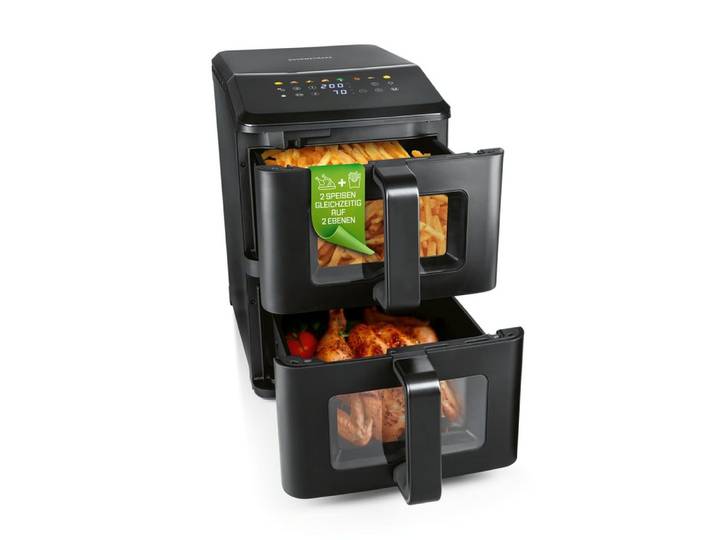 GOURMETmaxx Heißluftfritteuse Vertikale Doppelkammer-Heißluftfritteuse - 10 L - LED-Touchdisplay, 2400 W, GOURMETmaxx FryUp Vertikale Doppelkammer-Heißluftfritteuse