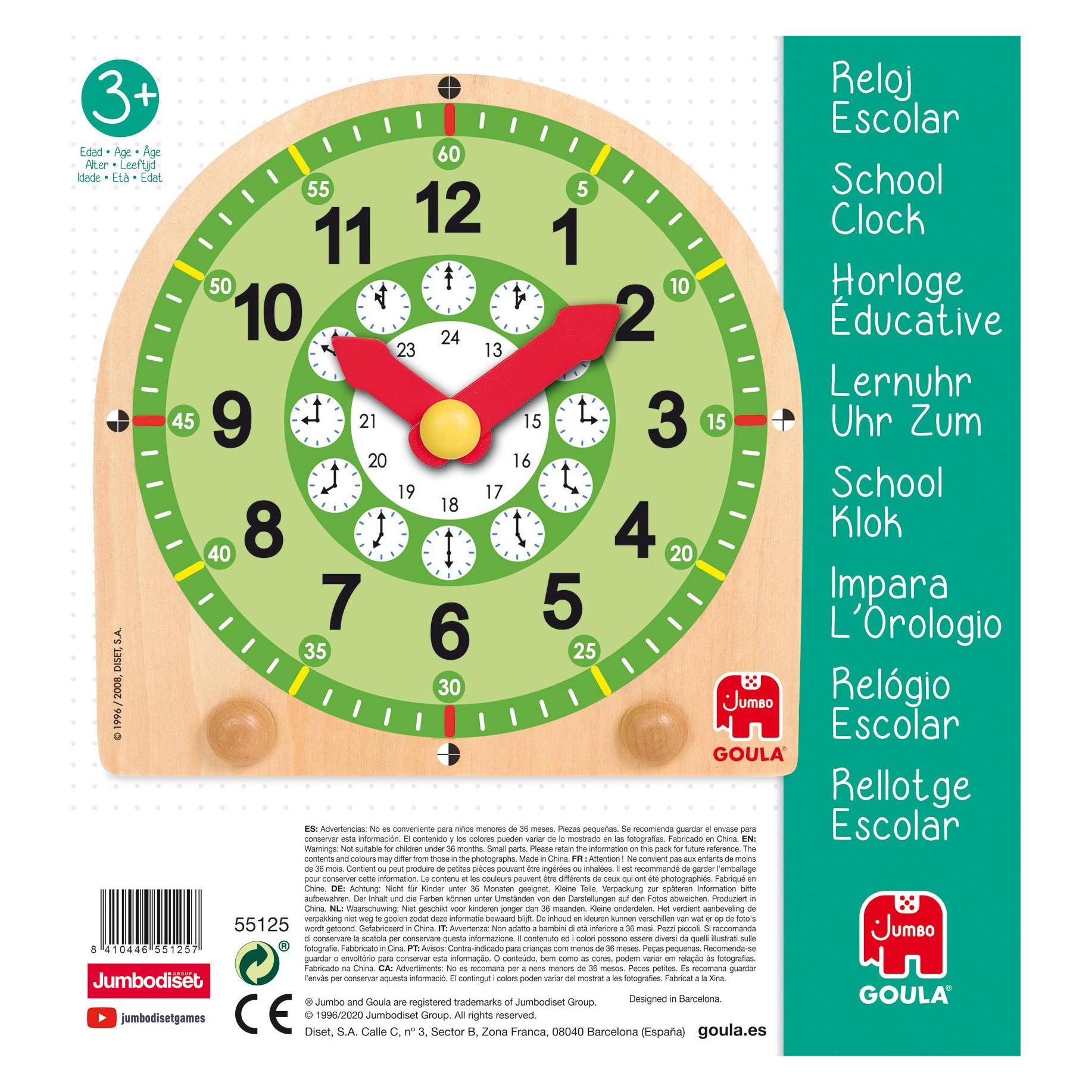 Goula Lernuhr aus Holz (Deutsch, Englisch, Französisch, Italienisch, Katalanisch, Niederländisch, Portugiesisch, Spanisch, 3 - 6 Jahre) (D55125)