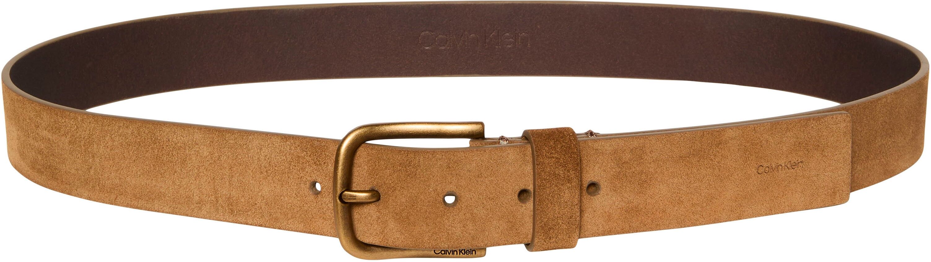 Ledergürtel CALVIN KLEIN JEANS "ROUND BUCKLE SUEDE 35MM FIXED", Herren, Gr. 110, beige (braun, antique brass), Web, Rindsleder, unifarben, Gürtel Ledergürtel, Grössenverstellbar mit Metallschliesse braun, antique brass 110