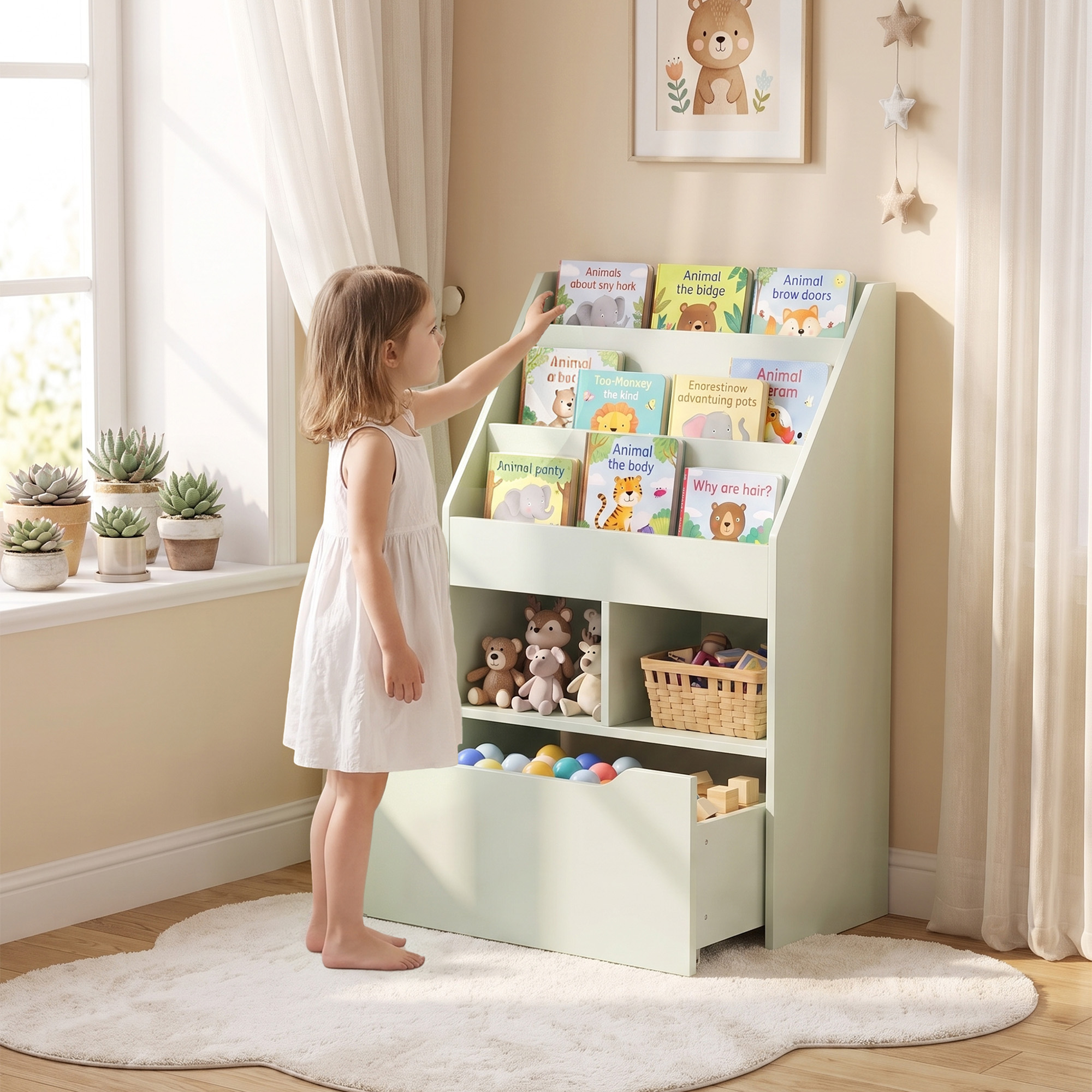 Homcom Piccola Libreria per Bambini con Ripiani e Cassetto in MDF, 60x29.9x90cm, Verde