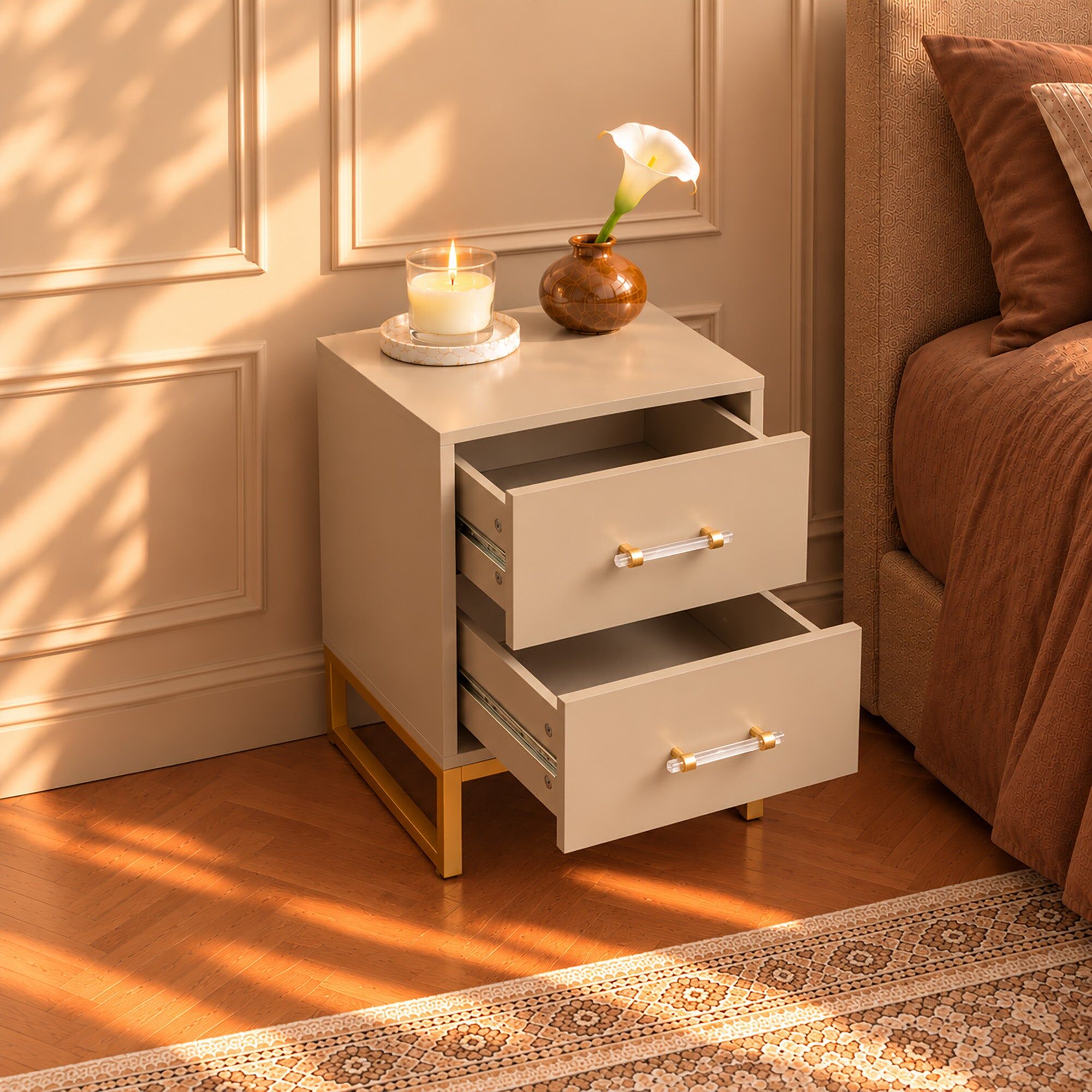 Neutral Two Drawer Bedside Table - Liana Taupe Range Manufactured Wood, Metal