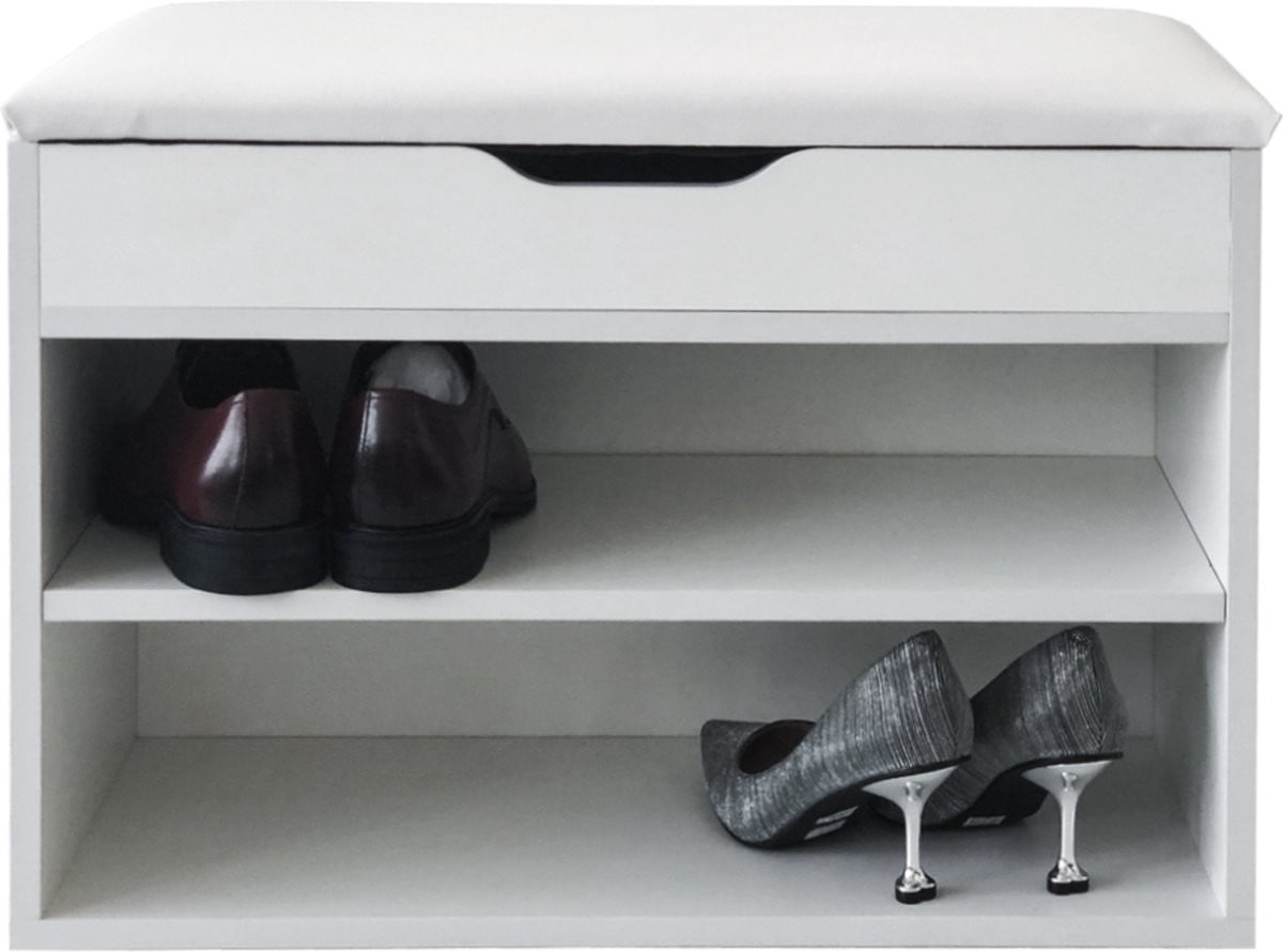 Wit halbankje met schoenenopbergvakken en zitkussen