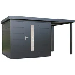 Wolff Finnhaus Premium Metall Gartenhaus Thorin 3924 Anthrazit inkl. 150 cm Anbaudach Lounge-Anbau rechts