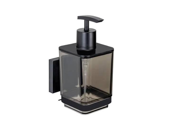 WENKO Distributeur de Savon Mural Vacuum-Loc Quadro Distributeur de Savon sans perçage en INOX Accessoires Salle de Bain Design 340 ML 7\,5 x 16 x 10 cm Noir et argenté