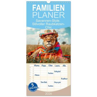 Familienplaner 2026 - Savannen-Style. Stilvoller Raubkatzen-Chic mit 5 Spalten (Wandkalender, 21 x 45 cm) CALVENDO