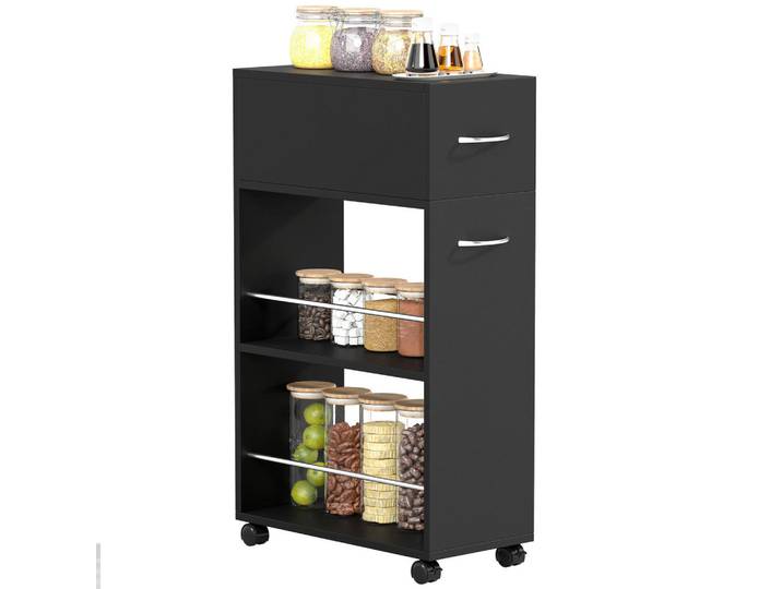 ComfortXL Küchenwagen De-17134 1 Schublade & 2 offene Regale Schwarz, 25x85x50 cm, Esszimmer, Servierwagen