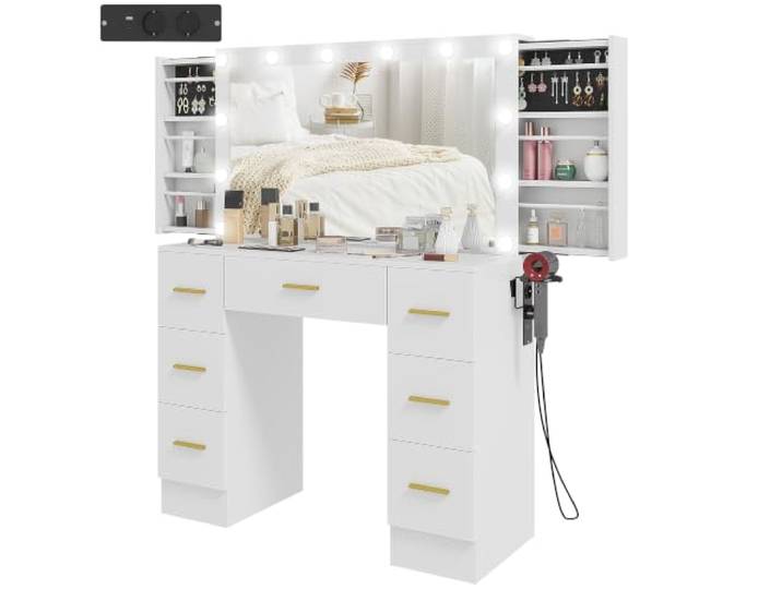 HOMCOM Schminktisch mit 12 LED-Leuchten, Spiegel, Föhnhalterung, Weiß Ladestation, 7 Schubladen, 6 Versteckte Schiebefächer, für Schlafzimmer, Kosmetiktisch, Frisiertisch