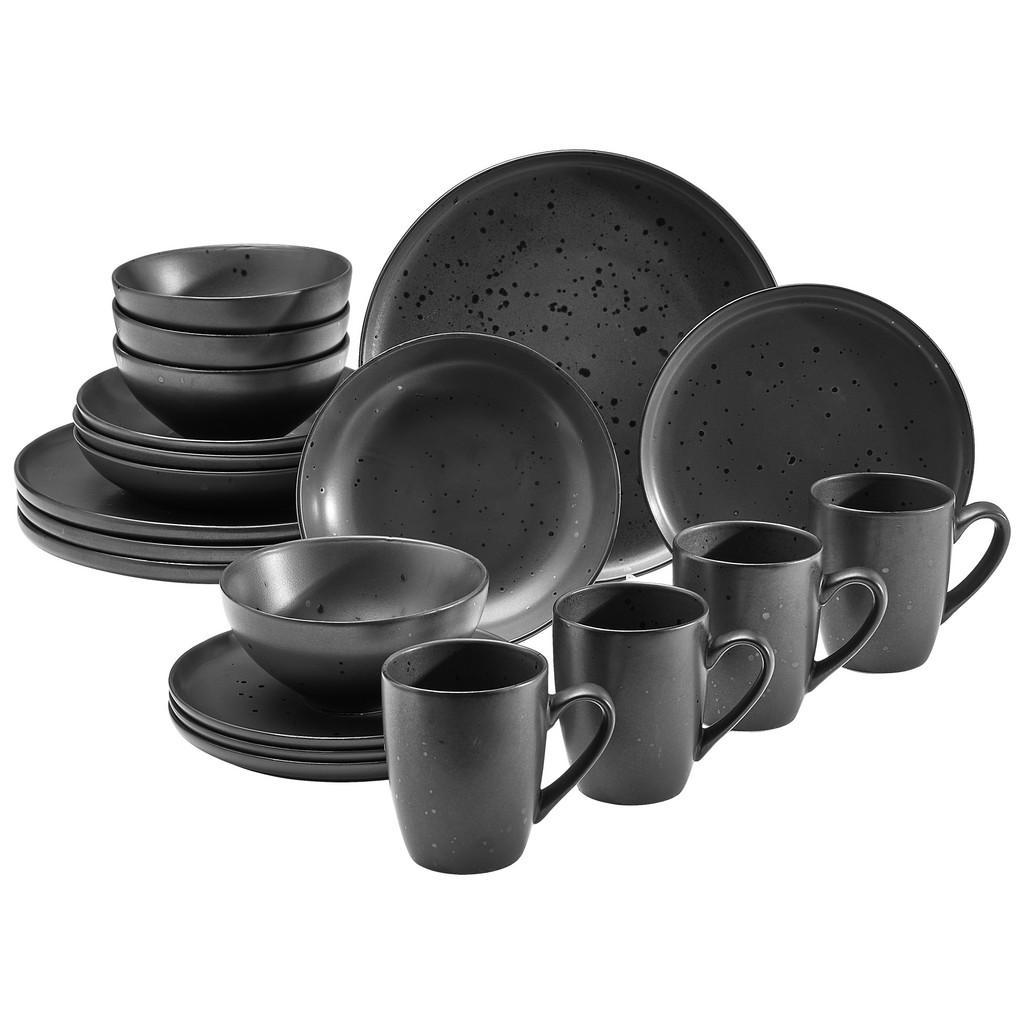 Novel Kombiservice , Schwarz , Keramik , 20-teilig , Punkte , 360 ml,610 ml , Lfgb , handgemacht , Geschirr, Geschirr-Sets, Kombiservice
