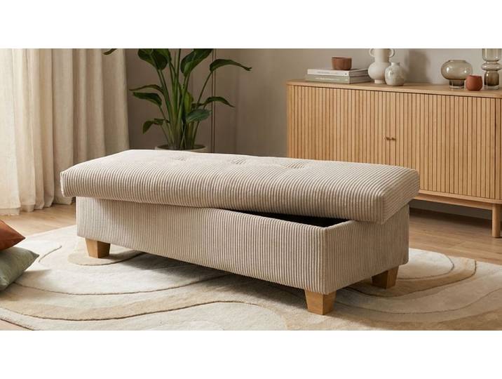 Hocker GOODPRODUCT Eggery 131 cm, mit grossem Staufach & bequem gepolstert , beige (taupe), B:131cm H:42cm T:61cm, 90% Polyester, 10% Nylon, Hocker, Hocker, Polsterhocker Egedal mit Staufach, passend zum Sofa