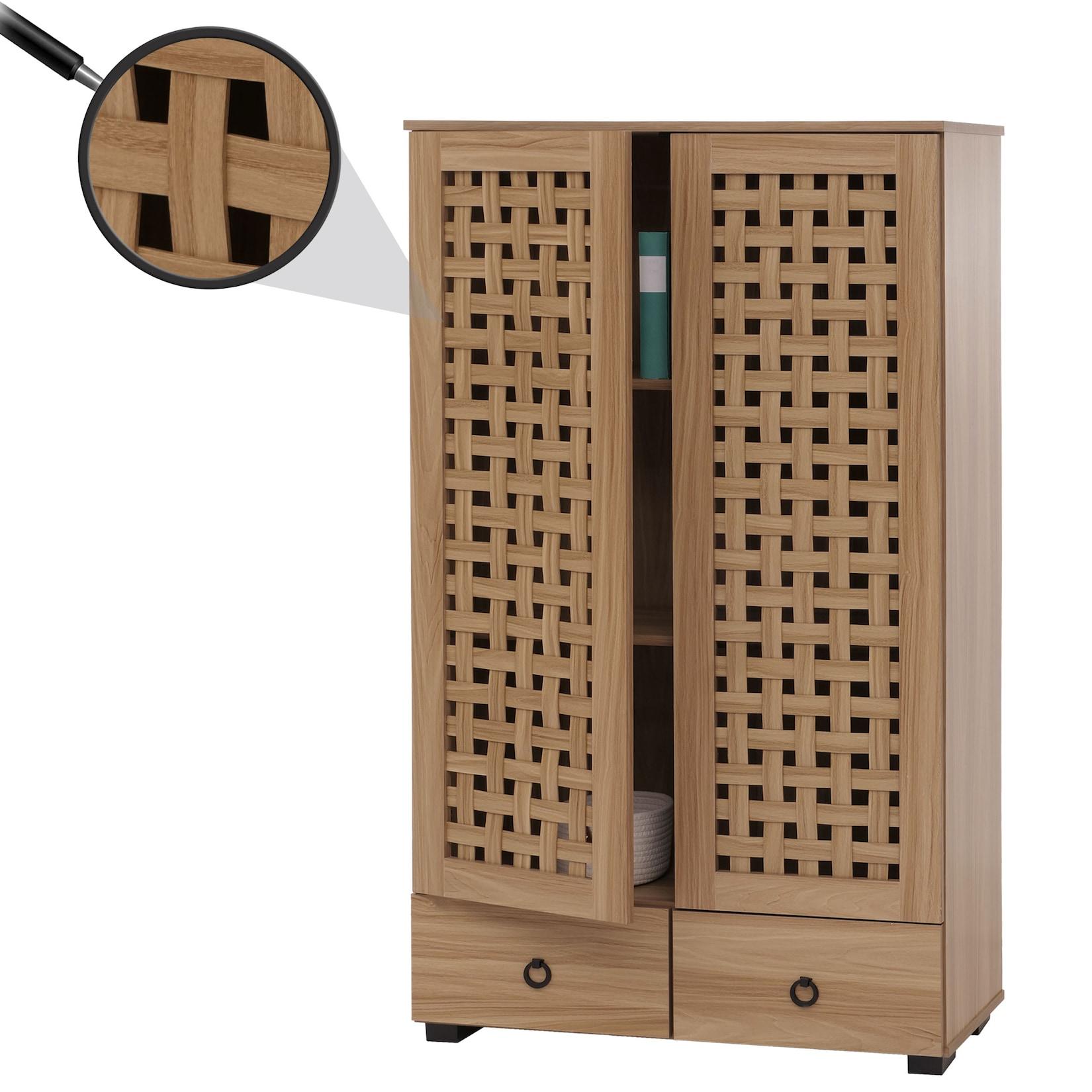 Schrank MCW-N87, Wohnzimmerschrank, 3D-Flecht-Design 2 Türen 3 Staufächer 2 Schubladen Soft-Close, 138x80x36cm ~ braun