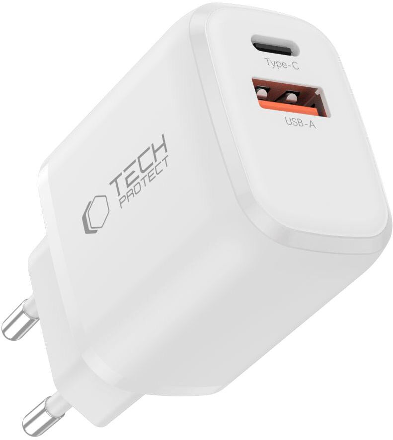Tech-Protect Vægoplader - 1 x USB-C & 1 x USB-A - 45W - Hvid