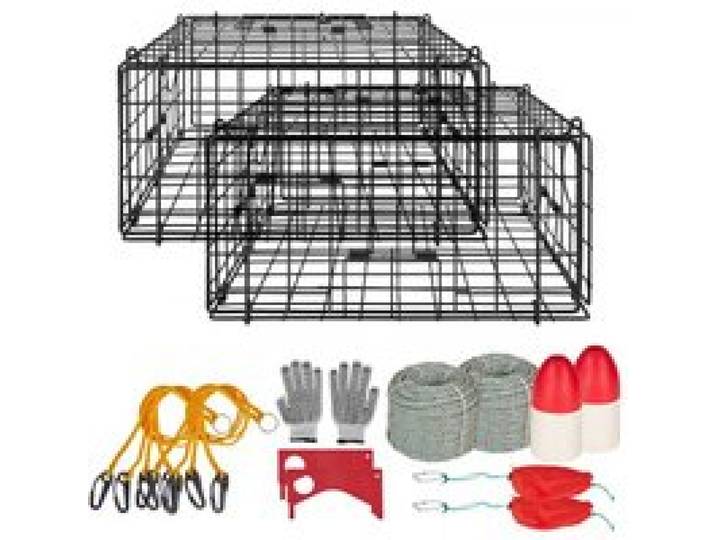VEVOR Krabbenfalle 2er-Pack, 62 x 62 x 30 cm Krabbenreuse für Dungeness Crabs, PVC-beschichtetes Drahtgeflecht, inkl. 30 m Bleileine, Boje (Rot+ Weiß) und Handschuhen, Angelzubehör für Salzwasser
