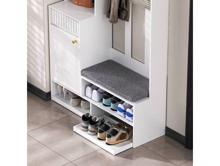 Vestiaire D Entree En MDF Blanc Meuble De Hall FloraGrace Pour Entree Et Couloir Avec Banc Et Rangement 100x35x180cm