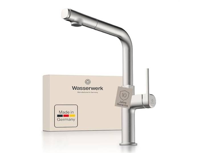 Wasserwerk WK11 Küchenarmatur - Design-Wasserhahn Küche - Edelstahl-Optik - Herausziehbare Brause - Armatur mit Energiesparfunktion & Verbrühschutz - Premiumqualität Made in Germany