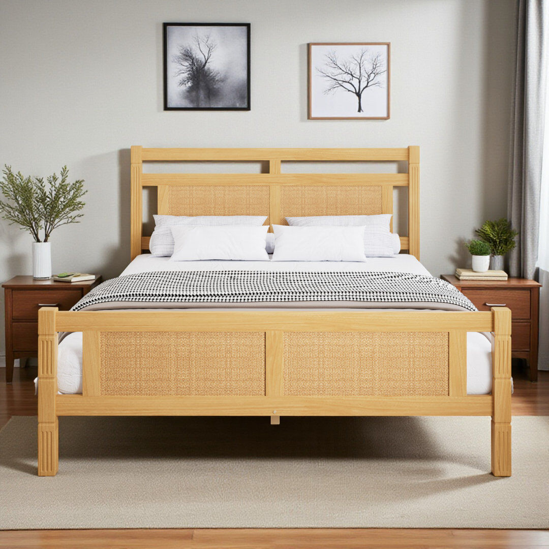 Harriet Bee MDF Wooden Bed With Rattan Paper Brown Double (4'6)
