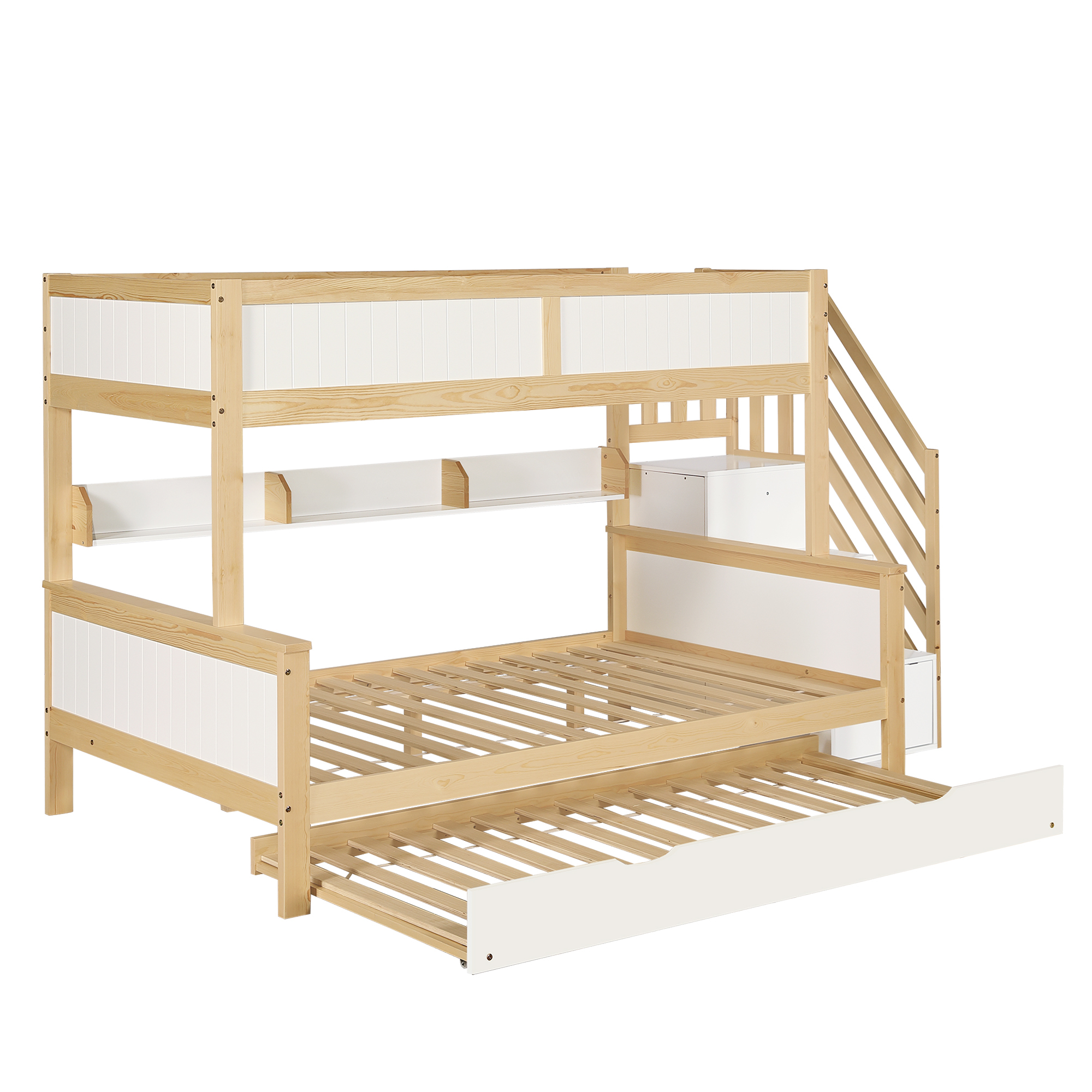 Etagenbett mit 2 Liegeflächen, Gästebett, Lattenrost, Regal und Kleiderschrank, Kinderbett mit Rausfallschutz, Kiefer